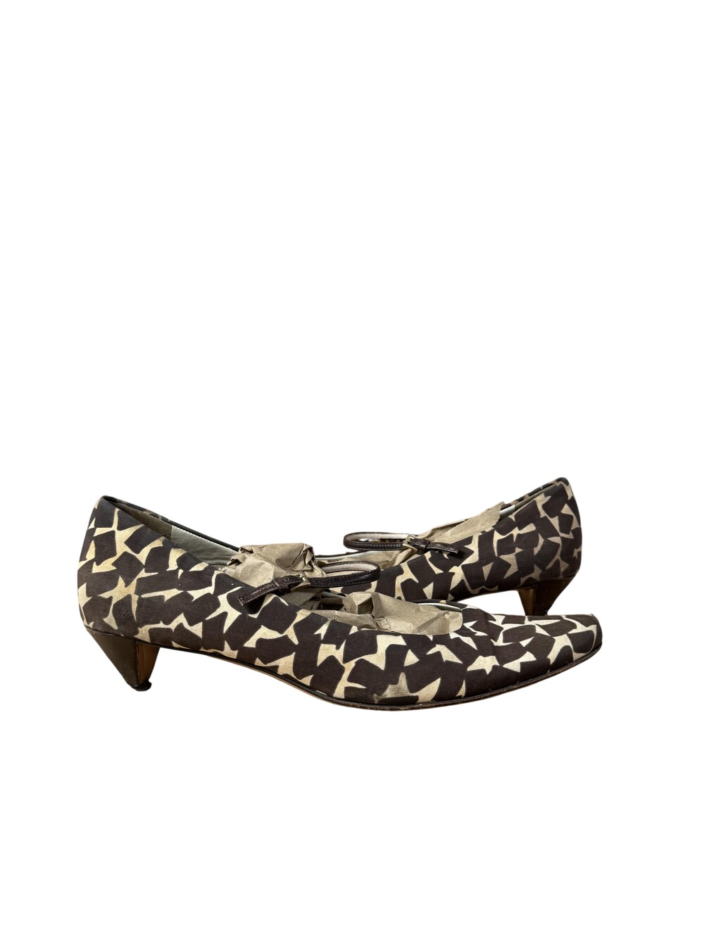 Prada Pumps Womens Size 9 Brown Geometric Leather Mary Jane Kitten Heel Italy